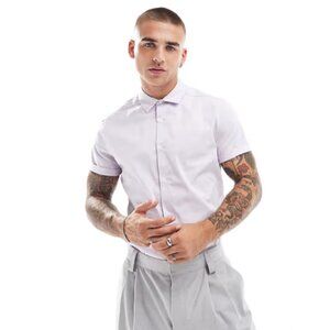 ASOS DESIGN stretch slim fit work shirt with rolled sleeves in lilac